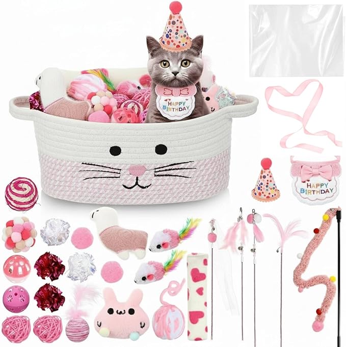 Zopeal Mother’s Day Cat Toy Set Interactive Cat Toys Pack Including Feather Teaser Wand Plush Gift Outfit Mice Crinkle Balls and Pet Bell Balls, Puzzle for Indoor Cats Gift Basket for Kitten(Pink)