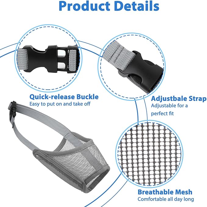 LUCKYPAW Dog Muzzle Suits for Small Medium Large Dogs, Mesh Muzzle Anti Biting Chewing, Breathable Mouth Cover Set with Adjustable Strap for Grooming Vet Visiting Training (7 PCS(XXS-XXL), Grey)