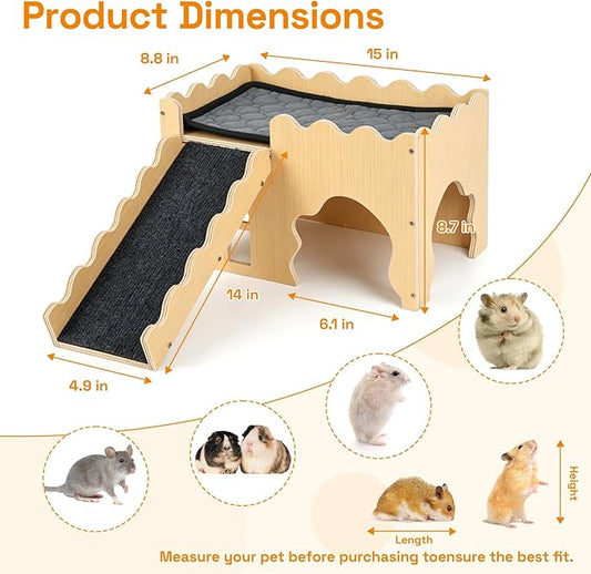 Wooden Guinea Pig Hideout Cave House, Guinea Pig Castle with Natural Cave-Style Entrance, Large Small Animal Habitat with Stairs, Waterproof Liner, Easy Assembly for Guinea Pigs, Rabbits & Hamsters