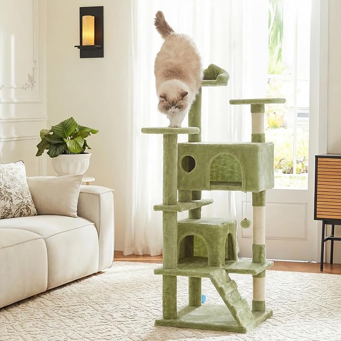 DUMOS 54 Inch Cat Tree Tower, Indoor Multi-Level Pet House for Large Cats Tree with 2 Condos, Scratching Posts, Round Platform, Small Ladder, and Toys, Green