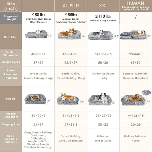 EHEYCIGA Foldable XXL Dog Bed for Large Sized Dog, 54"x38"x7.5" Faux Fur Fluffy Pet Couch Bed, Orthopedic Calming Memory Foam Big Pet Bed, Washable Pet Sofa Bed with Non-Slip Bottom, Grey