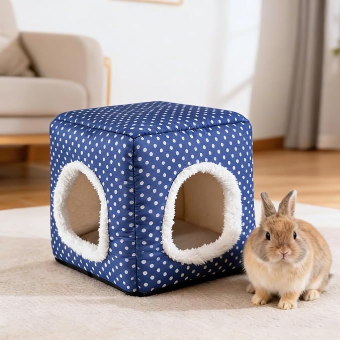 Guinea Pig Hideout with 2 Removable Mat, Two Entrances, Dwarf Rabbit Bed, Washable Bunny House, Small Pet Accessories Blue Dot