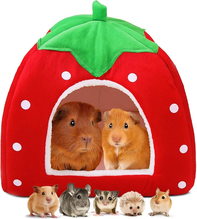 Guinea Pig Bed, Cozy Rabbit Hideout with Warm Fleece Washable Cuddle Cup Winter Sleeping House for Small Pets Strawberry Style