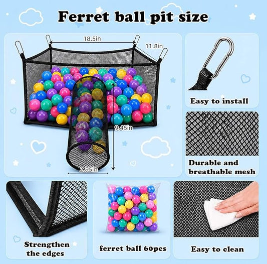 Ferret Ball Pit Hammock for Cage with 60 Colorful Play Balls, Interactive Hanging Enrichment Toy, Compatible with Ferret Tunnel Systems, Fun Activity Center for Ferrets and Small Animals