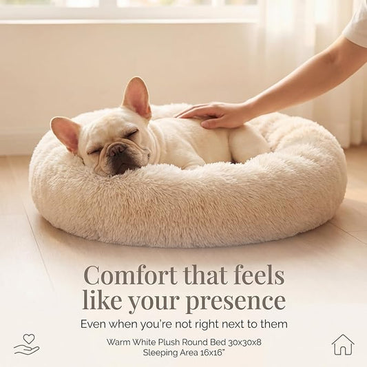 Calming Donut Dogs Beds for Small Dogs Washable,28inch Plush Round Pet Bed for Cozy Sleep,Fluffy Faux Fur Large Cat Bed,Fits up to 30 lbs Pets,Beige