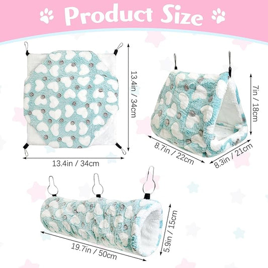 PINVNBY 3 PCS Ferret Rat Hammock Set Hanging Guinea Pig Hideout Bed Small Animals Tunnel Toy Ferret Cage Accessories for Hamster Squirrel Sugar Glider Chinchilla (Green)