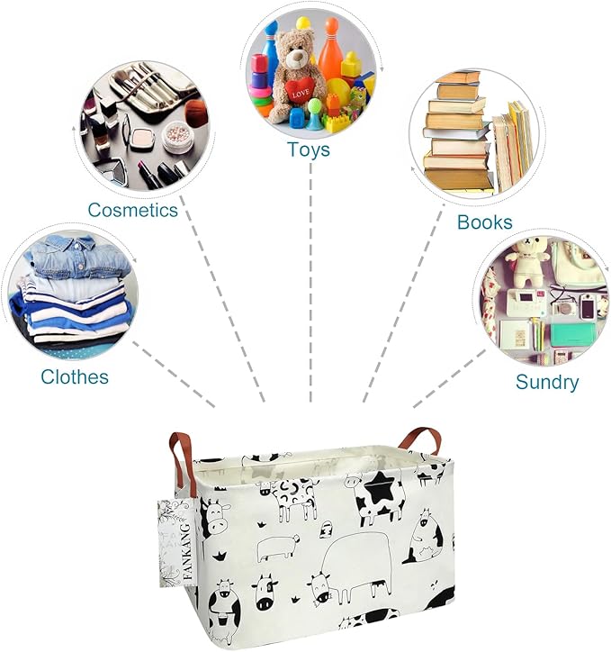 Storage Basket,Nursery Hamper Canvas Laundry Basket Foldable with Waterproof PE Coating Storage, Office, Bedroom, Clothes,Toys(L, Rec-cows)