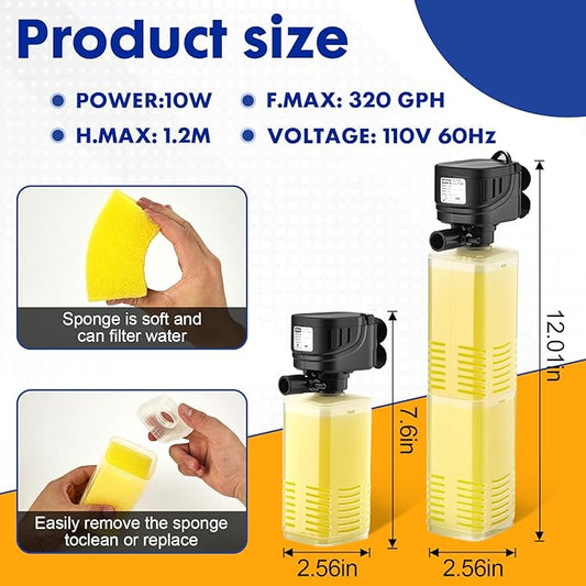 320 GPH Aquarium Filter lnternal Submersible Pump for 40 to 100 Gal Tanks ,Wave maker 4 in 1 ,Biochemical Filtration Powerful Pump/Pond Clear