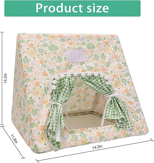 Hamster Hideout Tent with Curtain,Bunny Hideout, Machine Washable Guinea Pig Hide Tent Houses & Habitats, Triangular Hideout Shelter Small Animal Bed,Ferret, Rat, Chinchilla, Squirrel(flower)