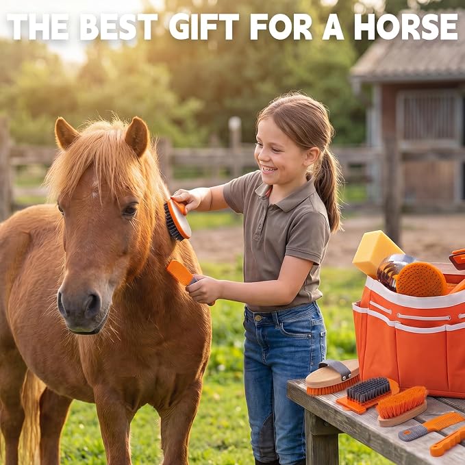 Orange Horse Grooming Kit - 12-in-1 Complete Set with Handbag, Horse Brushes, Curry Comb, Hoof Pick, Sweat Scraper, Sponge for Horse Owners and Riding Enthusiasts