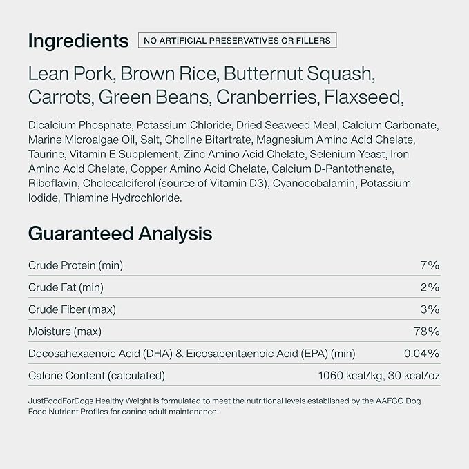 JustFoodForDogs Fresh Frozen Healthy Weight Management Dog Food, Fresh Pet Meals or Toppers for Dog Weight Control, Human Grade, Vet Recommended, High Fiber, Lean Pork, 18-oz Pouch, case of 21