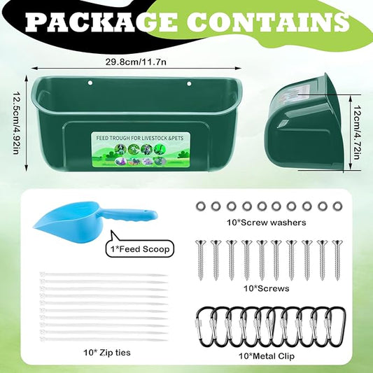 5 Pack Chicken Feeder, Duck Feeder Supplies, Hanging Fence Feed Trough with Clips for Goat, Sheeple, Piglet, Gooses, Turkeys, Dog Livestock Poultry, 8 Quarts in Total, Feed Scoop Included, Green