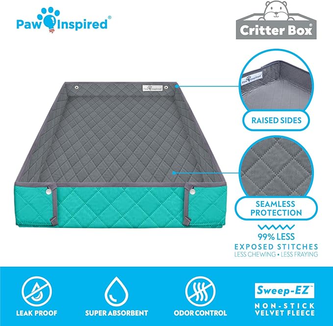 Paw Inspired Critter Box Washable Cage Liner, Reversible Fleece Bedding with Raised Sides for Guinea Pigs and Other Small Animals (Gray/Green, Midwest)