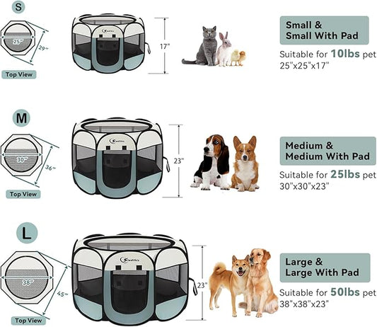 Siedihit Dog Cat Playpen, Puppy Pet Playpen Indoor for Small Dog Crate Tent Cage Outdoor, Portable Pop Up Dogs Enclosure Kennel with Carrying Case for Dogs/Cats/Rabbits(Grey, Small