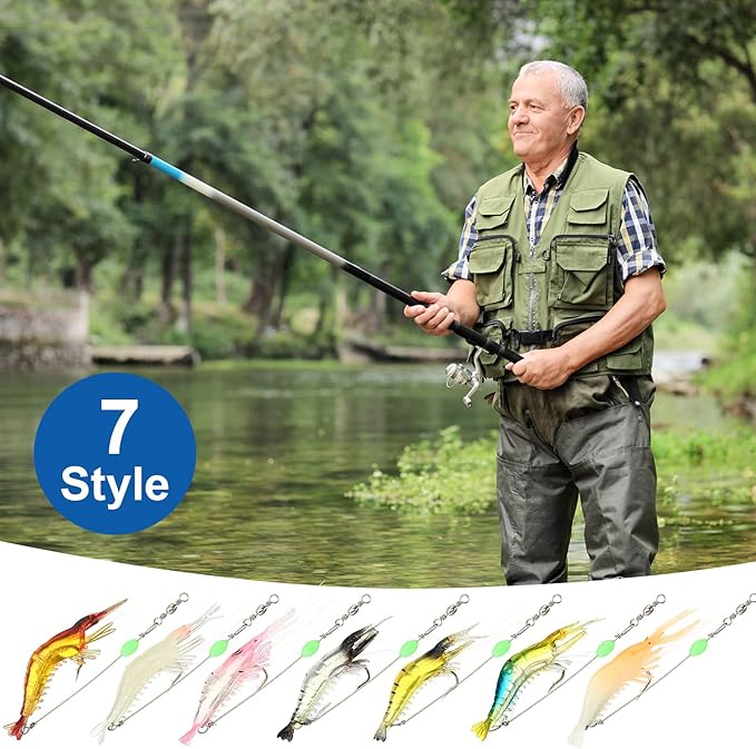 28 Pcs Saltwater Fishing Lures Set, 7 Colors Glow Artificial Shrimp Bait Shrimp Lure with Hook Bead Fishing Tackles for Trout Bass Flounder Redfish Freshwater Saltwater Catfish Salmon