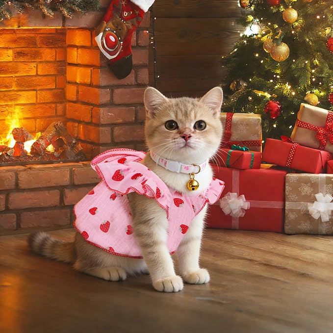 Strawberry Print Cotton Cat Dog Costumes with 2 Adjustable Collar with Bow, Kitten Outfits for Girl Cats, Pink White Pet Clothes for Small Dogs & Cats,S