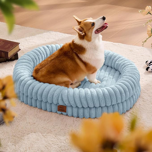 ChiXnuggle Dog Bed Large Sized Dog - Luxury Striped Faux Fur Waterproof Pet Couch with Removable Washable Cover, Orthopedic Pet Bed with Bolster Sides for Sleeping, Light Blue
