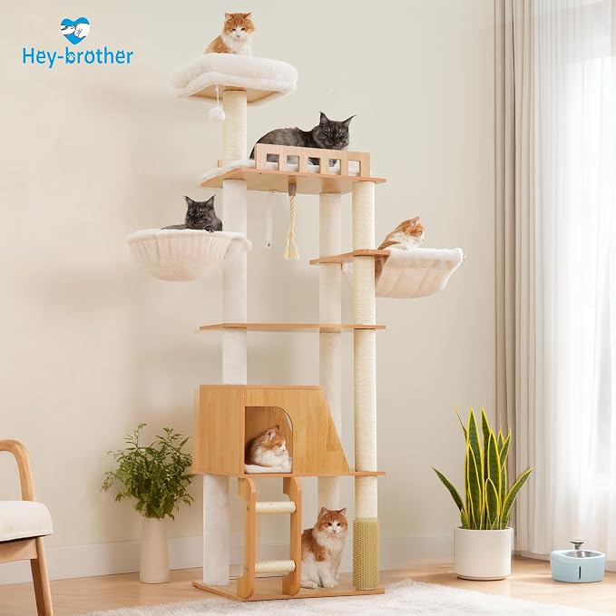 Hey-brother Wooden Cat Tree, 69.7 inch Cats Furniture Tower with Large Platforms, Hammocks, Spacious Condo, Full Sisal Scratching Posts, Ladder, Brush, Water Proof Surface, Walnut MPJ121WB