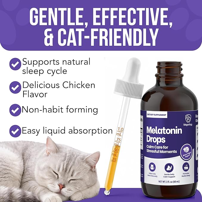 Cat Melatonin Drops, Liquid Melatonin for Cats for Grooming, Travel and Vet Visits, Calming Cat Sedative for Grooming, Cat Sleep Aid, Cat Melatonin Treats