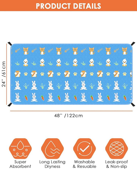 Bissap 2 Packs Guinea Pig Cage Liners, 48''X24'' Washable Guinea Pig Pee Pads Non Slip Reusable Fast and Super Absorbent Bedding for Small Animals Rabbit Hamster Chinchillas Rat - Blue