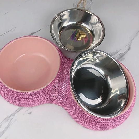 SAVORI Small Cat Bowls Pink, 320ML Handmade Bling Rhinestones Stainless Steel Pet Bowls Removable Double Food Water Feeder for Puppy Cats Dogs