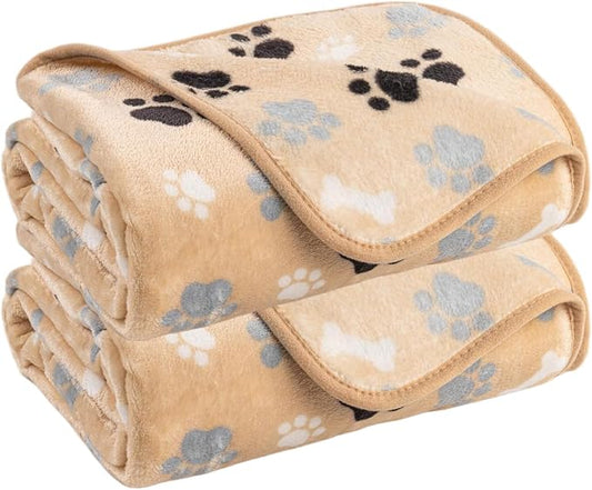 Dog Blanket Paw Bone Pattern 1 Pack 1 Super Soft Warm Flannel Sofa Cover Car Bed Protector, Urine Proof Washable Outdoor Pet Blanket for Puppy Large Dogs & Cats,80"*60" Beige