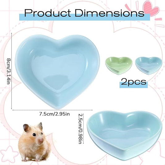 2 PCS Hamster Ceramic Food Bowl, Anti-Turning Heart Hamsters Food Water Dish, Ceramic Pet Bowls for Guinea Pig Gerbil Hedgehog Rat Rodent Bunny Parrots (Green, Blue)