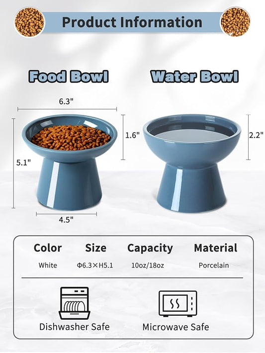 LoeJan Elevated Cat Food and Water Bowls Set, Extra Wide and Raised Ceramic Feeder, Anti-Vomit Whisker-Free Pressure Feeding Bowl for Kittens Adult Small Dogs (Deep Blue)