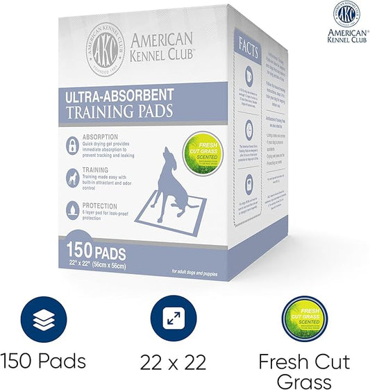 American Kennel Club Puppy Training Pads for Dogs, 150 Count, Fresh Cut Grass Scent, Absorbent Leak-Proof Dog Pee Pads in Box