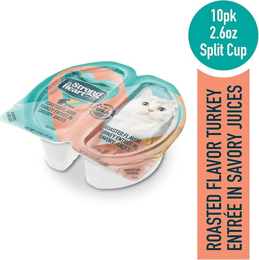 A Strong Heart Split Cup Wet Cat Food, Roasted Turkey Entree - 2.6 oz Split Cups, 20 Servings (Pack of 10), Made in The USA with Real Turkey