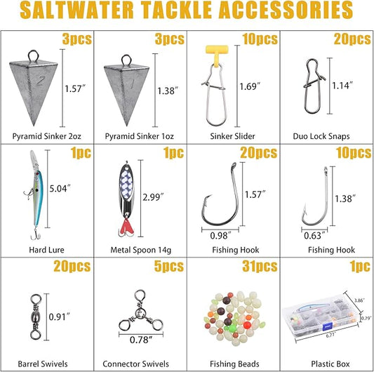 Saltwater Fishing Tackle Kit, 136pcs Surf Fishing Gear Fish Finder Rigs Saltwater Fishing Lures Crankbait Spoon Pyramid Sinker Fishing Hooks Leaders Swivels Ocean Fishing Tackle Accessories