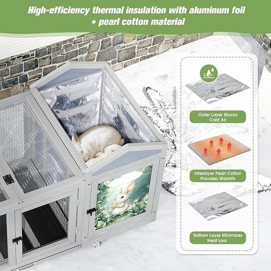 COZIWOW 39IN Heated Rabbit Hutch with Wheels, Insulated Indoor/Outdoor Bunny Cage House with Cleaning Tray, Sun Panel & Animal Pattern, Spacious Rabbit Cage for 1-2 Bunnies, (Warm Grey & Pattern)