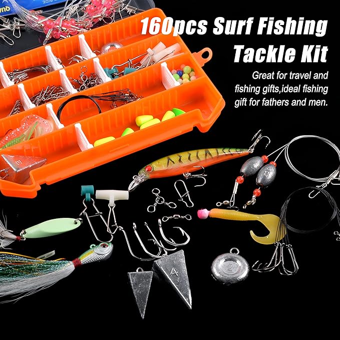 Saltwater Fishing Tackle Kit,160pcs Surf Fishing Gear Set Saltwater Lures Bucktail Jigs Fishing Bait Rigs Pyramid Sinkers Leaders Hooks Swivels Ocean Beach Fishing Accessories with Tackle Box