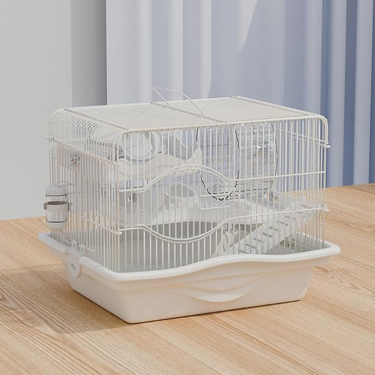 Mini Hamster Cage Starter Kit 15”Lx11”Wx12”H for Dwarf Hamster & Robo Hamster with Multilevel Platforms, Exercise Wheel, Transparent House, Ladder, Water Bottle, Food Bowl, White