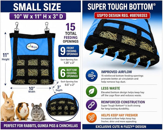 Rabbit & Guinea Pig Hay Bag Feeder with Super Tough Bottom® Design | Small 10" x 11" x 3" Hanging Hay Feeder | Organized Feeding | Made in USA Design (Black, Small 10" x 11" x 3")