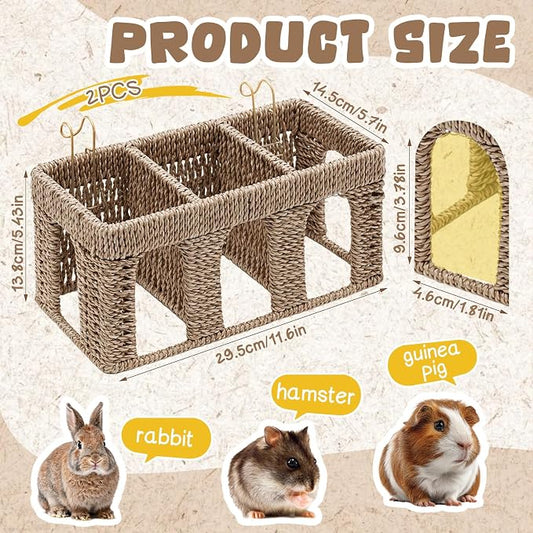 Sliner 2 Pcs Natural Seagrass Guinea Pig Hay Feeder, Five Arch Rabbit Hay Rack Holder with Metal Hanging Hook, Less Waste for Bunny Chinchillas, Small Animal Cage Accessories, Pet Gifts