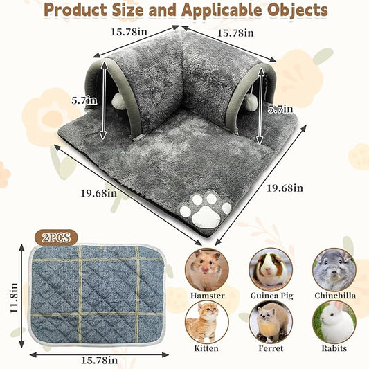 PINVNBY Guinea Pig Hideout Tunnel with Removable Base & 2 Liners and Washable Soft Rabbit Bed & Small Animal Tunnel Tube Cage Accessories for Chinchillas, Hamsters, Ferrets, Bunny(Gray)