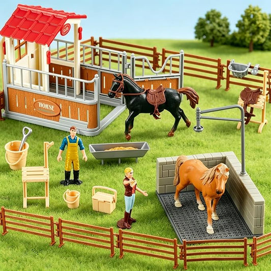 Peagrav Horse Stable Playset with Rider, Wash Area, Fence & Animal Figures - Gifts for Girls & Boys Aged 3-8