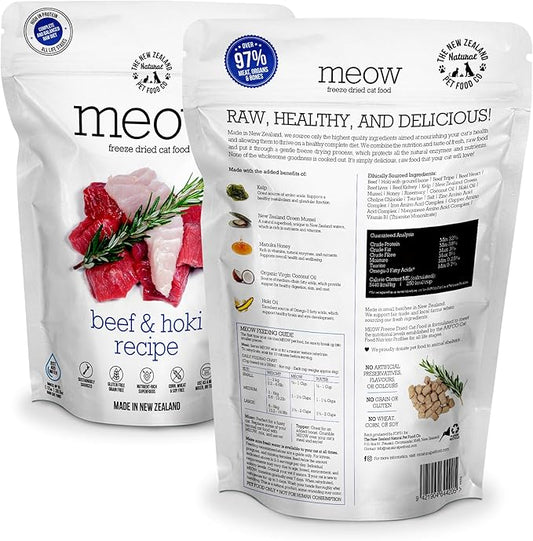 The New Zealand Natural Pet Food Co. Meow Freeze Dried Cat Food - Beef & Hoki Recipe, High Protein Treats, Meals & Toppers, Dry Cat Food, 9.9 oz