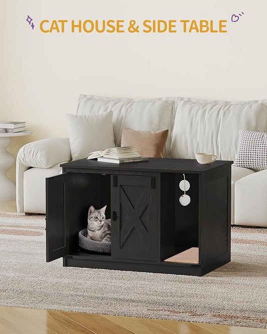 Hzuaneri Cat Litter Box Enclosure, Hidden Litter Box Cabinet Furniture with Bell, Indoor Cat House, Farmhouse Style, 31.5 x 19.7 x 20.9Inches, for Hallway, Bedroom, Black CB82404X