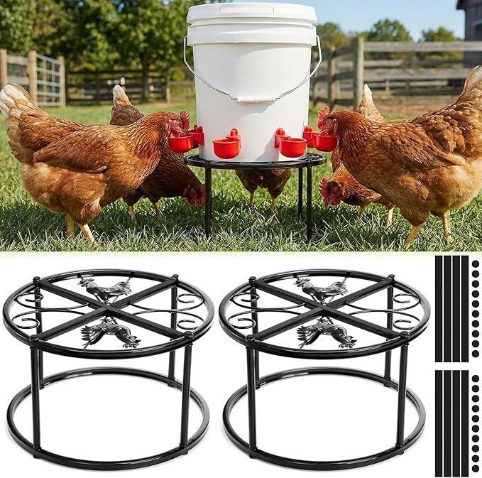 Cedilis 2 Pack Chicken Feeder Stand, Heavy Duty Iron Stand for Chicken Coop Poultry Feeder and Waterer Buckets Indoor Outdoor, Black