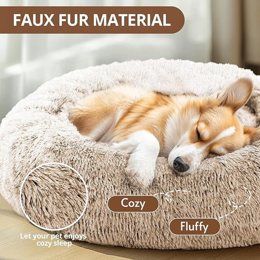 JOLLYVOGUE Calming Dog Bed for Small Dogs - 23 inches Donut Washable Small Dog Bed for Kittens & Puppies, Anti-Slip Round Fluffy Plush Faux Fur Cat Beds (Fits up to 25 lbs Pets, Cream Brown)