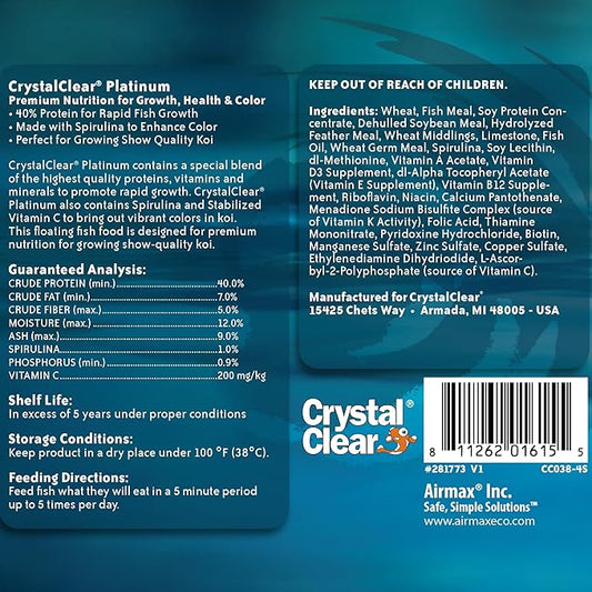 CrystalClear Platinum Fish Food, Premium Floating Pellets for Koi & Goldfish – Boost Growth, Color, and Wellness in Backyard Ponds & Water Gardens, 3mm Pellets, 2.2 Pounds
