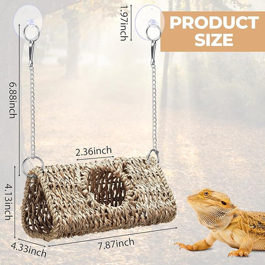 CroBlissful Reptile Hide Cave Hollow Cave Hideout with 2 Pcs Suction Cup and Chain Gecko Hide Reptile Tank Decor Seagrass Fiber Climbing Toy for Lizard Snake Hermit Crab(Triangle,Pale Yellow)