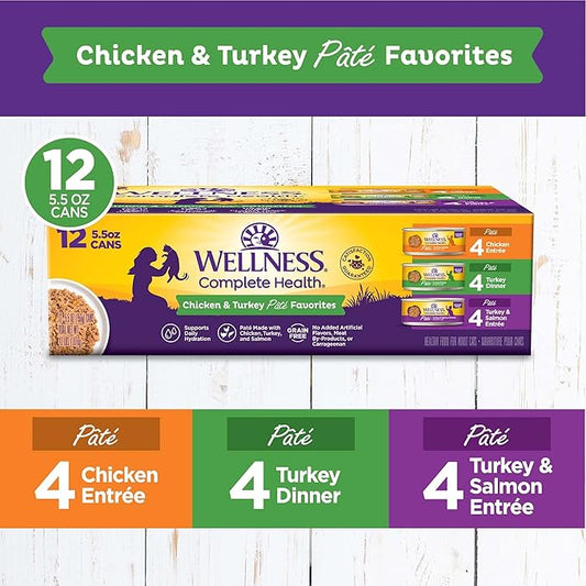 Wellness Complete Health Pate Variety Pack Adult Canned Wet Cat Food, Natural, Protein Rich, Grain Free, Chicken and Turkey Favorites, 5.5 oz, Pack of 12 Cans