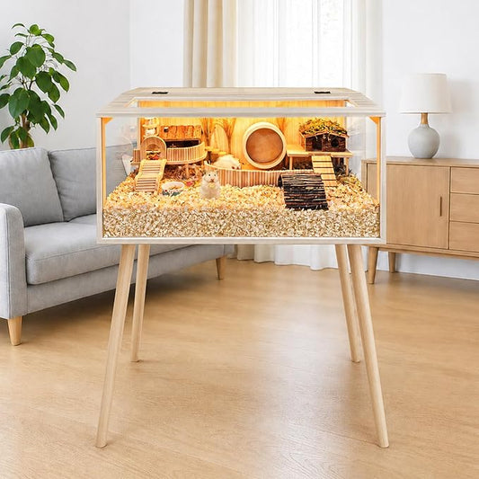 PROLEE Hamster Cage Wooden Chew Proof, Extra Large Mice and Rat Habitat Openable Top with Acrylic Sheets Solid Built Small Animal Cage with Leg Stands, 32 Inch Long