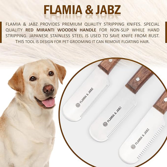 FLAMIA & JABZ Professional Dog Grooming Hand Stripping Knife, Stripper Trimmer Tool, Red Meranti Wooded Handle non slip grip with Tripping Stainless Steel blade (3 Piece Pack, Right Handed)