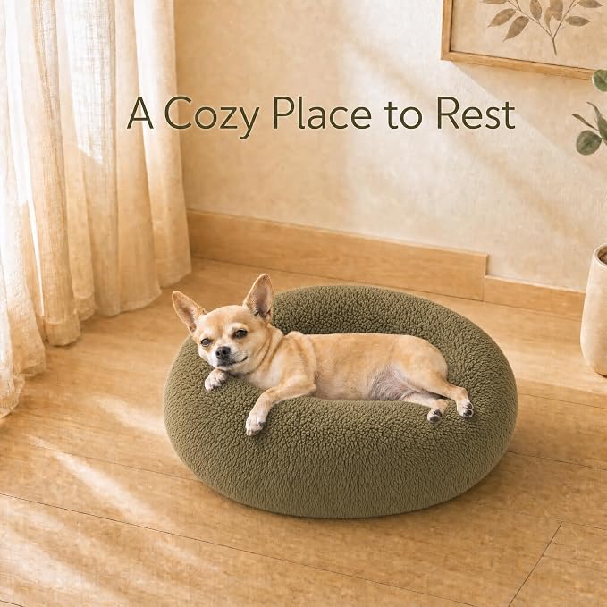 Tiny Dog Bed 15 Inch for Extra Small Dogs,Washable Puppy Bed,Soft Faux Fur Calming Donut Bed for Chihuahua Yorkie Maltese Pomeranian,Army Green