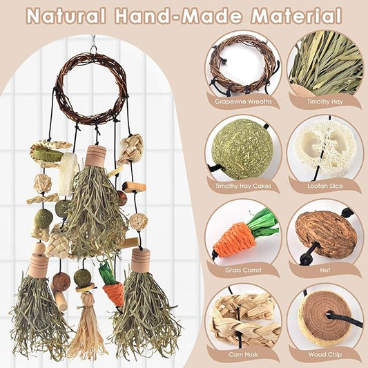 Bissap Rabbit Chew Toy, Bunny Cage Hanging Chewing Toys and Treats Wooden with Snacks for Guinea Pigs Chinchillas Hamsters Rats and Other Small Pets Teeth Grinding (Timothy Hay & Vine)