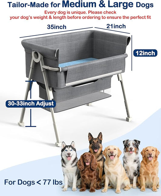 Bedside Dog Bed for Medium & Large Dogs, 4-Height Adjustable Pet Bassinet, Elevated Side-Sleeper Extension for High Human Bed, Washable Large Dog Couch with Auto-Braking Wheels(for Dogs Up to 77 lbs)